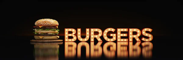Hamburger Neonově Znaménkem Prostorové Vykreslování — Stock fotografie