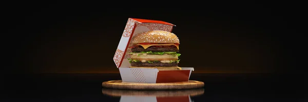 Hamburgare Svart Bakgrund Rendering — Stockfoto