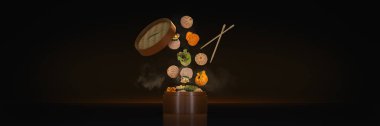 bambu buhar kaplarında dim sum çeşitli. 3d render