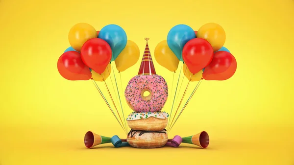 Donut Com Chapéu Festa Renderização — Fotografia de Stock