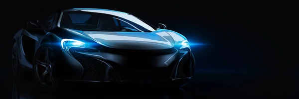 Spor araba, stüdyo kurulumu, karanlık bir arka plan üzerinde. 3d render