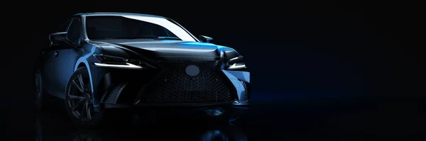 Spor araba, stüdyo kurulumu, karanlık bir arka plan üzerinde. 3d render