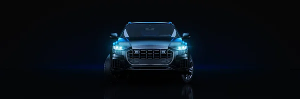 Spor araba, stüdyo kurulumu, karanlık bir arka plan üzerinde. 3d render