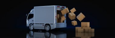 Karton kutularla dolu beyaz teslimat kamyonu. 3d oluşturma