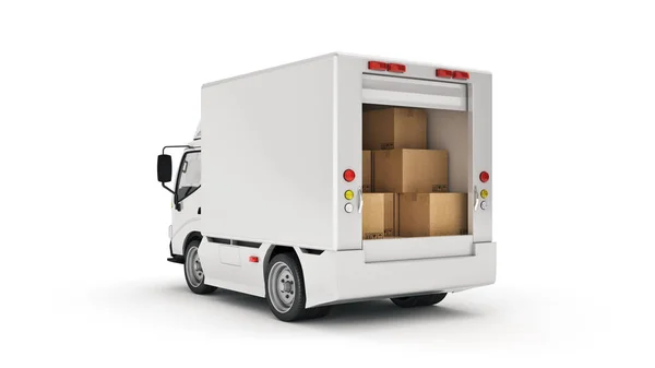 White Delivery Truck Cardboard Boxes Rendering — 스톡 사진