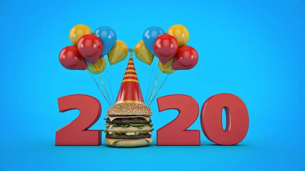 Hamburgers Met Partij Hat Concept 2020 Nieuwjaar Teken Rendering — Stockfoto