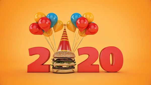 Hamburgers Met Partij Hat Concept 2020 Nieuwjaar Teken Rendering — Stockfoto