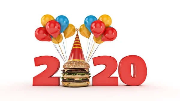 Hamburgers Party Hat Concept 2020 New Year Sign Rendering — Stock Photo, Image