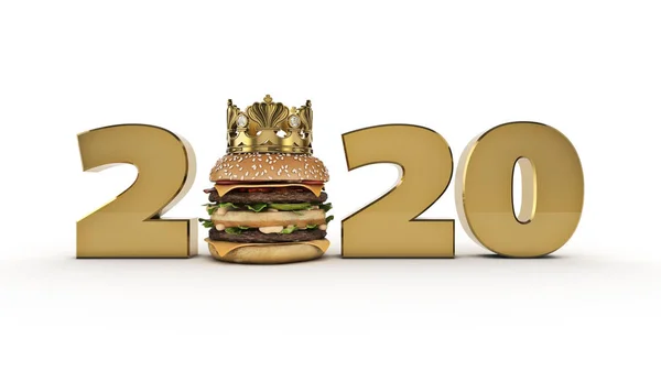 Burger Korunním Konceptem 2020 Nový Rok Prostorové Vykreslování — Stock fotografie