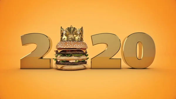Burger Korunním Konceptem 2020 Nový Rok Prostorové Vykreslování — Stock fotografie