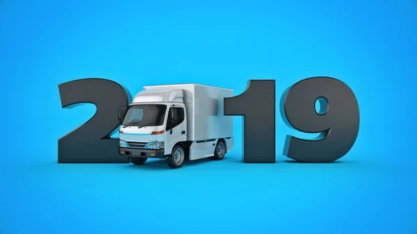 Conceito Caminhão Entrega 2019 Sinal Ano Novo Renderização — Fotografia de Stock