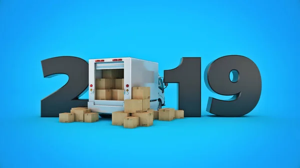 送货车概念2019年新年标志 — 图库照片