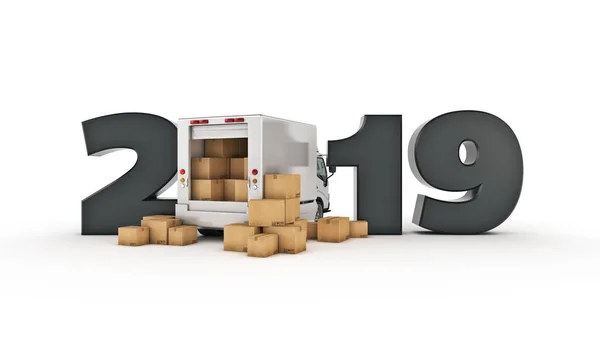 Entrega Concepto Camión 2019 Signo Año Nuevo Renderizado — Foto de Stock