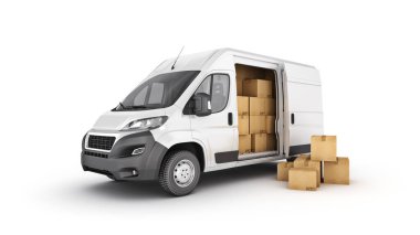 Karton kutularla dolu ticari teslimat minibüsleri. 3d oluşturma