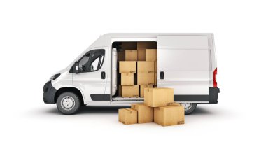 Karton kutularla dolu ticari teslimat minibüsleri. 3d oluşturma