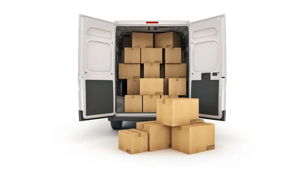 Commercial Delivery Vans Cardboard Boxes Rendering — Stock Photo, Image