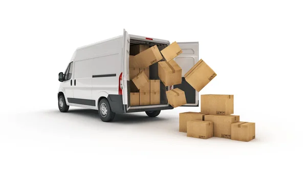 Karton kutularla dolu ticari teslimat minibüsleri. 3d oluşturma