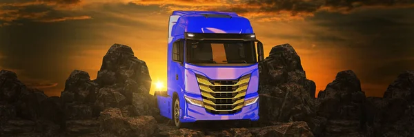 日没と山に対するトラック 3Dレンダリング — ストック写真