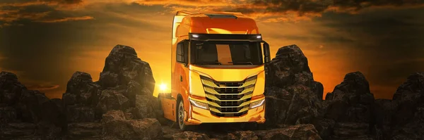 Camion Contre Coucher Soleil Les Montagnes Rendu — Photo