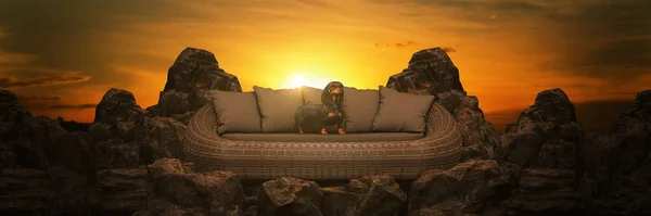 Собака Сидит Вершине Горы Рендеринг — стоковое фото