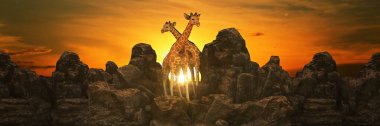 Gün batımında zürafa. 3d oluşturma