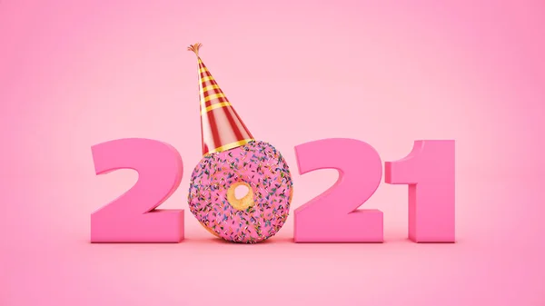 Donut Com Conceito Chapéu Festa 2021 Sinal Ano Novo Renderização — Fotografia de Stock