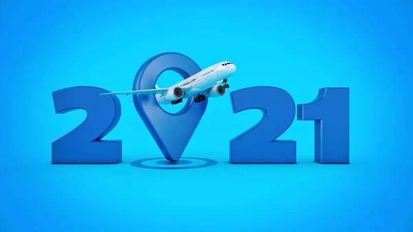 航空旅行的概念 机场指示器2021年新年标志 3D渲染 — 图库照片