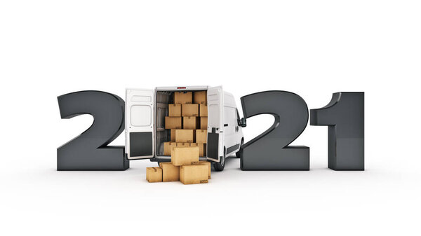 Концепция грузовика 2021 Новогодний знак. 3d-рендеринг