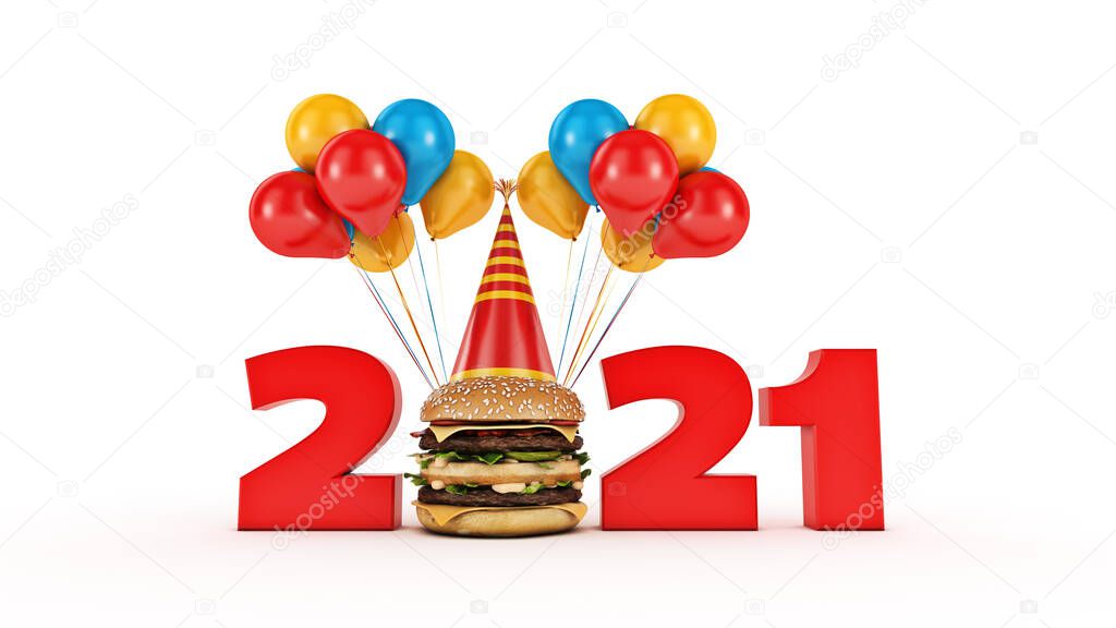 Hamburgers with party hat concept 2021 New Year sign. 3d rendering