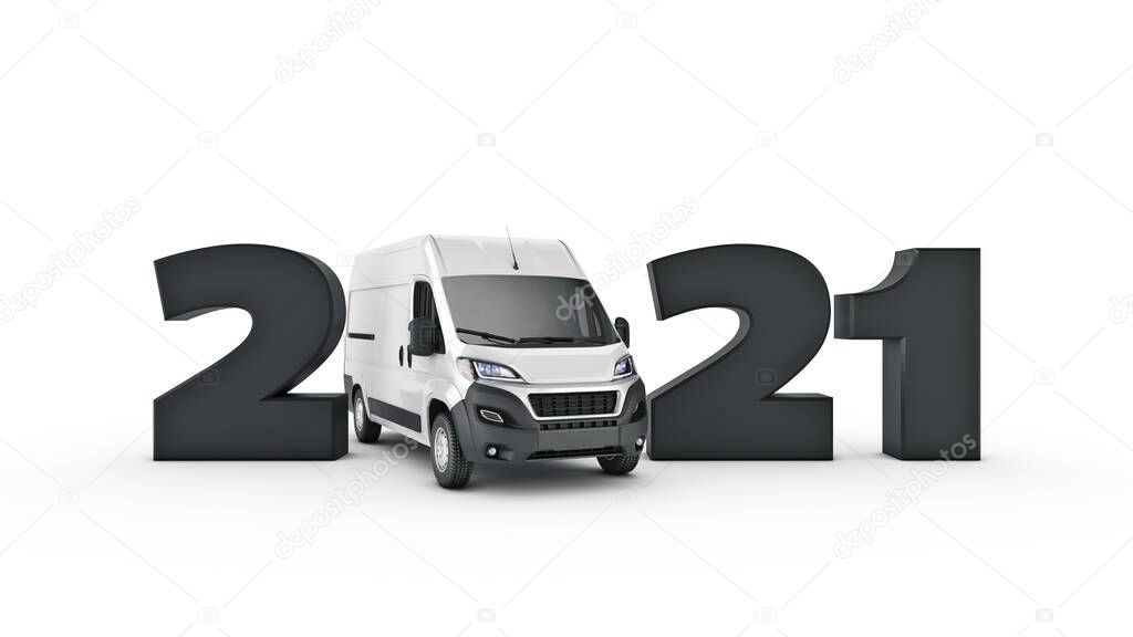 delivery truck concept 2021 New Year sign. 3d rendering. 3d rendering