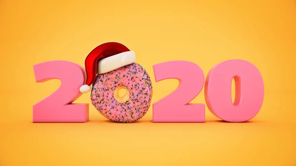 带桑塔帽子概念的甜甜圈2020年新年标志 3D渲染 — 图库照片