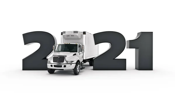 Conceito Caminhão Refrigerado 2021 Sinal Ano Novo Renderização — Fotografia de Stock