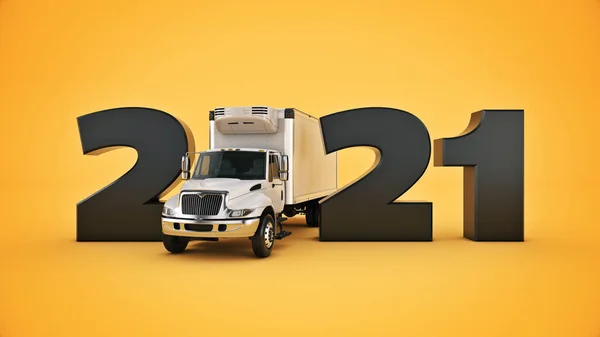 Refrigerated Truck concept 2021 New Year sign. 3d rendering