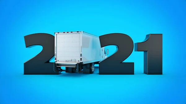 Concepto Camión Refrigerado 2021 Signo Año Nuevo Renderizado — Foto de Stock