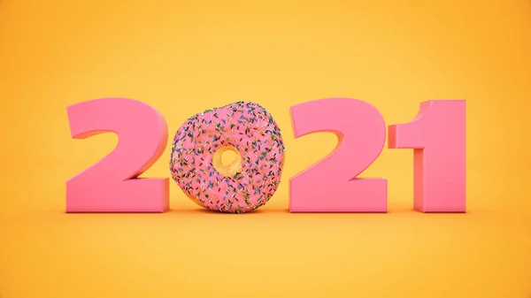 Donut Conceito 2021 Sinal Ano Novo Renderização — Fotografia de Stock