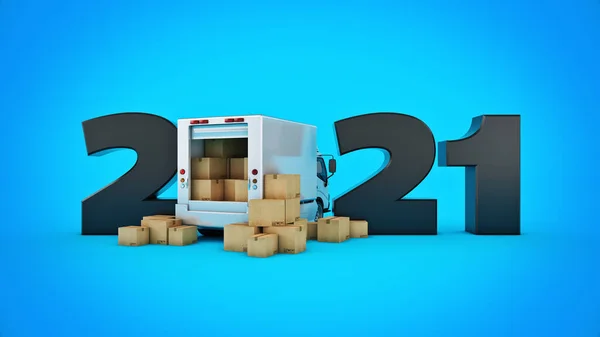 Levering Vrachtwagen Concept 2021 Nieuwjaar Teken Weergave Destructie — Stockfoto
