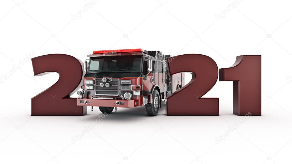 firetruck concept 2021 New Year sign. 3d rendering