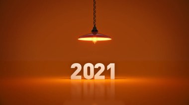 2021 yılbaşı tabelası ampullerin içinde. 3B görüntüleme