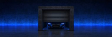 Garajda spor araba, açık tekerlekli kapı... 3D görüntüleme