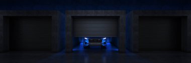 Garajda spor araba, açık tekerlekli kapı... 3D görüntüleme