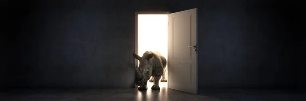 Nosorožec Vstoupí Otevřených Dveří Vykreslování — Stock fotografie