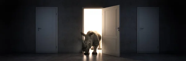 Nosorożec Wchodzi Przez Otwarte Drzwi Renderowanie — Zdjęcie stockowe