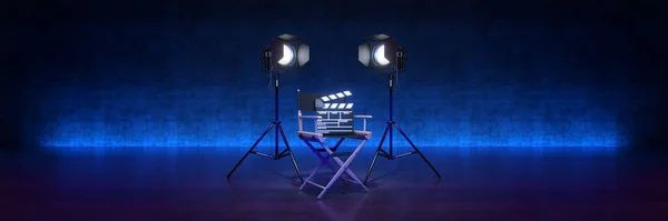 电影概念 导演的椅子和电影拍子3D渲染 — 图库照片