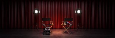 Video, film, sinema konsepti. Yönetmen koltuğu ve film alkışı. 3d oluşturma