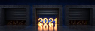 Kapı ya da sürgülü kapı, tabela ışığı 2021, Yeni Yıl 2021. 3d oluşturma