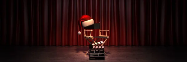 Video Movie Cinema Christmas Concept Director Chair Movie Clapper Rendering — Stock Photo, Image