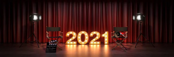 Film Bioscoop Concept Markering Licht 2021 Letter Teken Regisseursstoel Filmklepper — Stockfoto