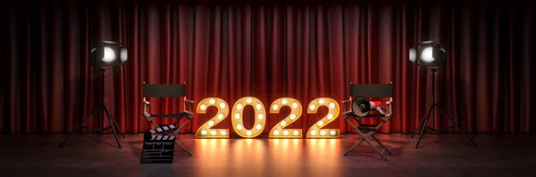 电影概念 Marquee灯2022年字母符号 导演的椅子和电影拍子3D渲染 — 图库照片