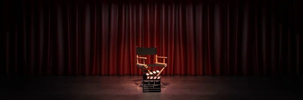 ビデオ 映画のコンセプト 監督の椅子と映画のクラッパー 3Dレンダリング — ストック写真
