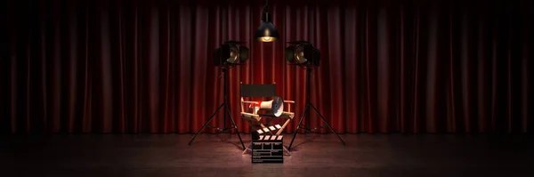 Video, movie, cinema concept. Director\'s chair and movie clapper. 3d rendering